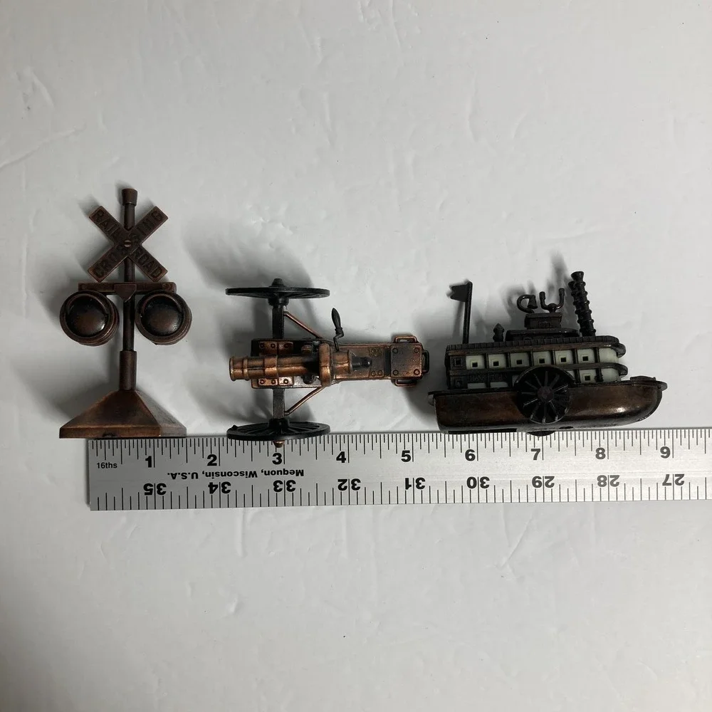 Vintage Metal Pencil Sharpeners Lot‎ of 3 Cannon, Railroad Sign, Steamboat